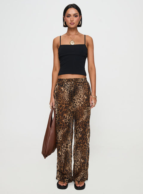 back view of model wearing Princess Polly Fyre Wide Leg Pant Leopard Petite Low Rise Pants Pants 