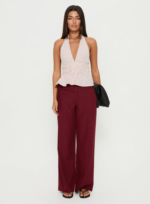 front view of model wearing Princess Polly Good Riddance Pleat Tie Slouch Pants Burgundy Mid Rise Pants Pants 