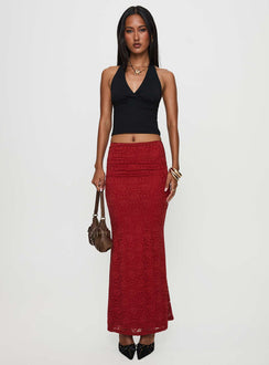   side view of model wearing Princess Polly Silene Maxi Skirt Red Skirts 