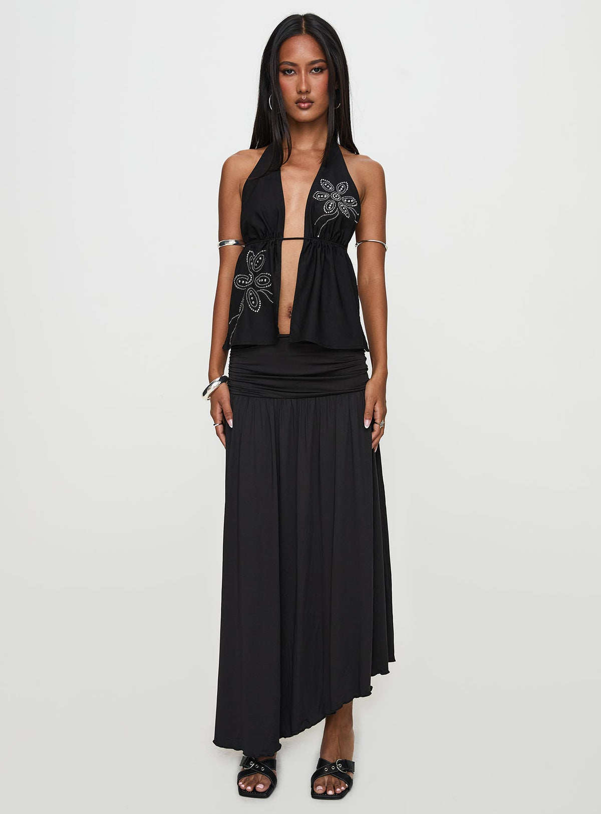   front view of model wearing Princess Polly Gezabele Asymmetrical Maxi Skirt Black Maxi Skirts Skirts 