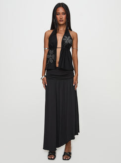   front view of model wearing Princess Polly Gezabele Asymmetrical Maxi Skirt Black Maxi Skirts Skirts 