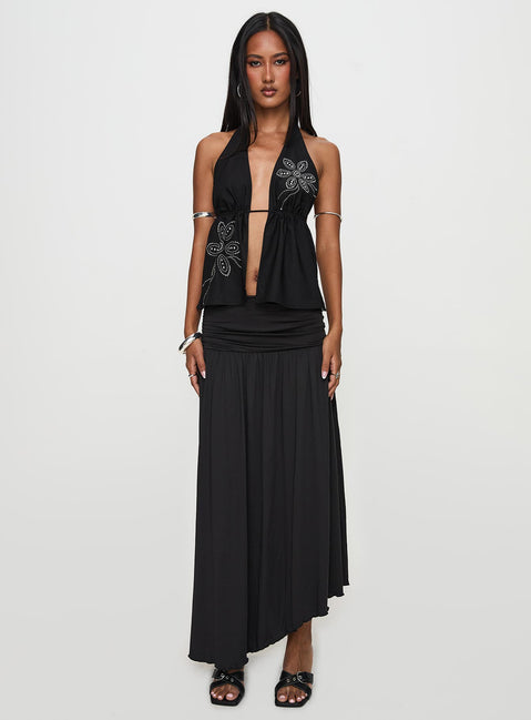   front view of model wearing Princess Polly Gezabele Asymmetrical Maxi Skirt Black Maxi Skirts Skirts 