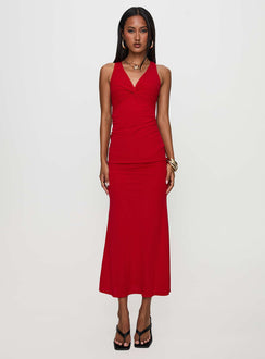 front view of model wearing Princess Polly Mesmerise Halter Maxi Dress Red V-Neck 
