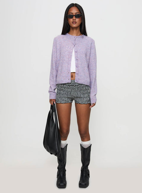 front view of model wearing Princess Polly Denmark Cardigan Lilac Cropped Jumpers Jumpers 