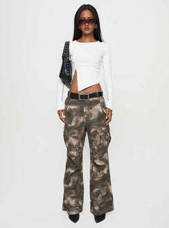 front view of model wearing Princess Polly Mischief Camo Pants Green Low Rise Pants Pants 