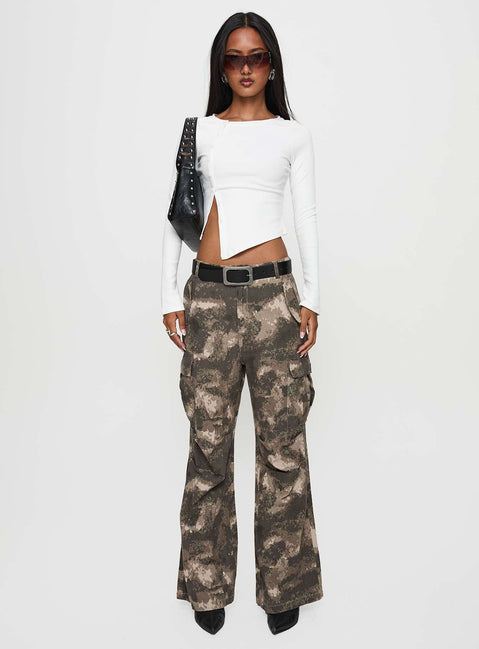 front view of model wearing Princess Polly Mischief Camo Pants Green Low Rise Pants Pants 
