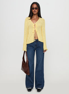 side view of model wearing Princess Polly Swain Knit Cardigan Lemon Jumpers 