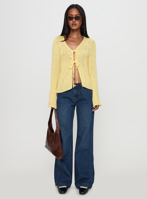 side view of model wearing Princess Polly Swain Knit Cardigan Lemon Jumpers 