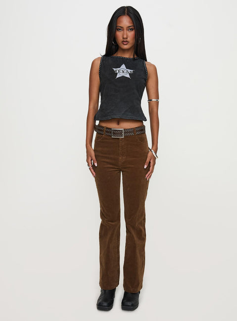 front view of model wearing Princess Polly Feature Pants Brown High Rise Pants Pants 