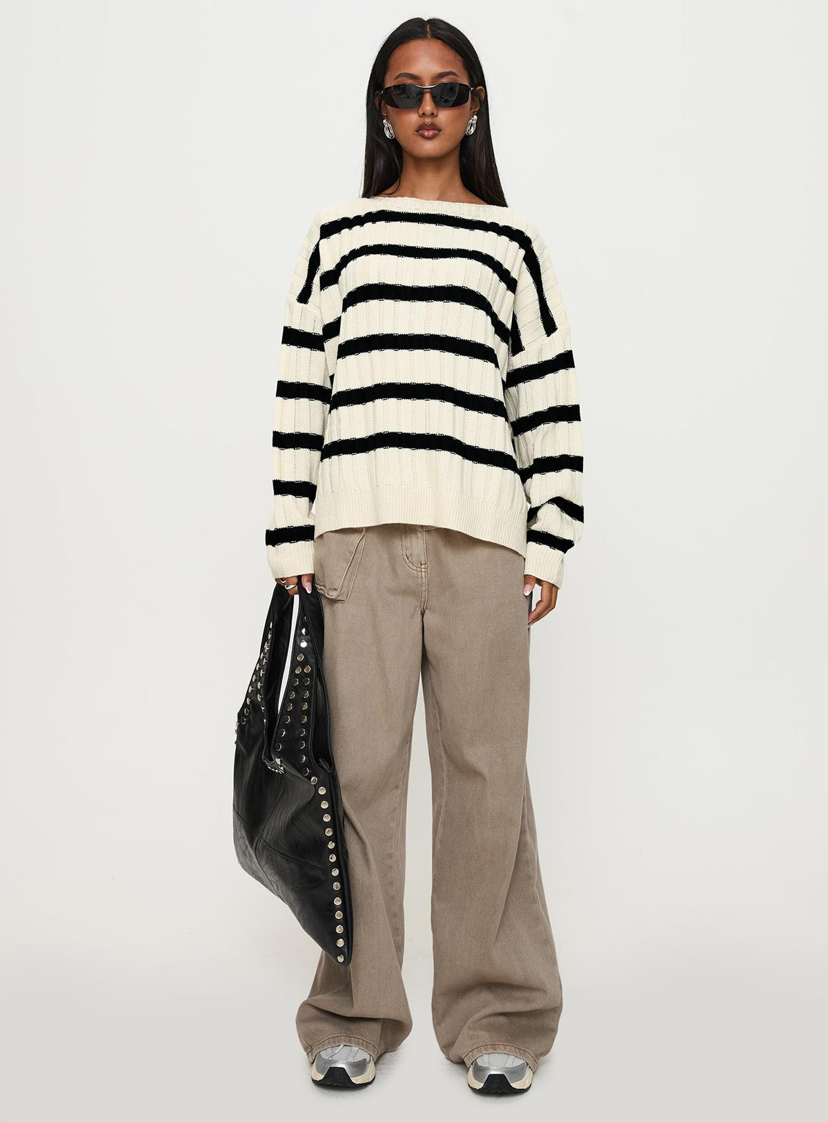 front view of model wearing Princess Polly Elenita Wide Neck Knit Sweater Black / White Longline Jumpers Jumpers 