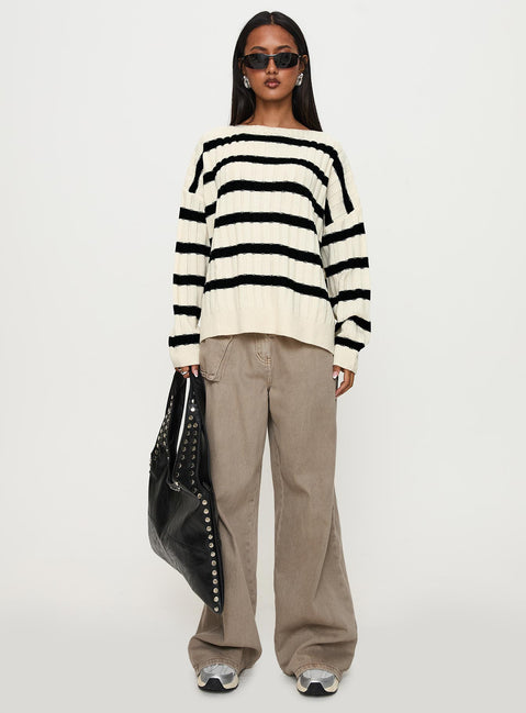 front view of model wearing Princess Polly Elenita Wide Neck Knit Sweater Black / White Longline Jumpers Jumpers 