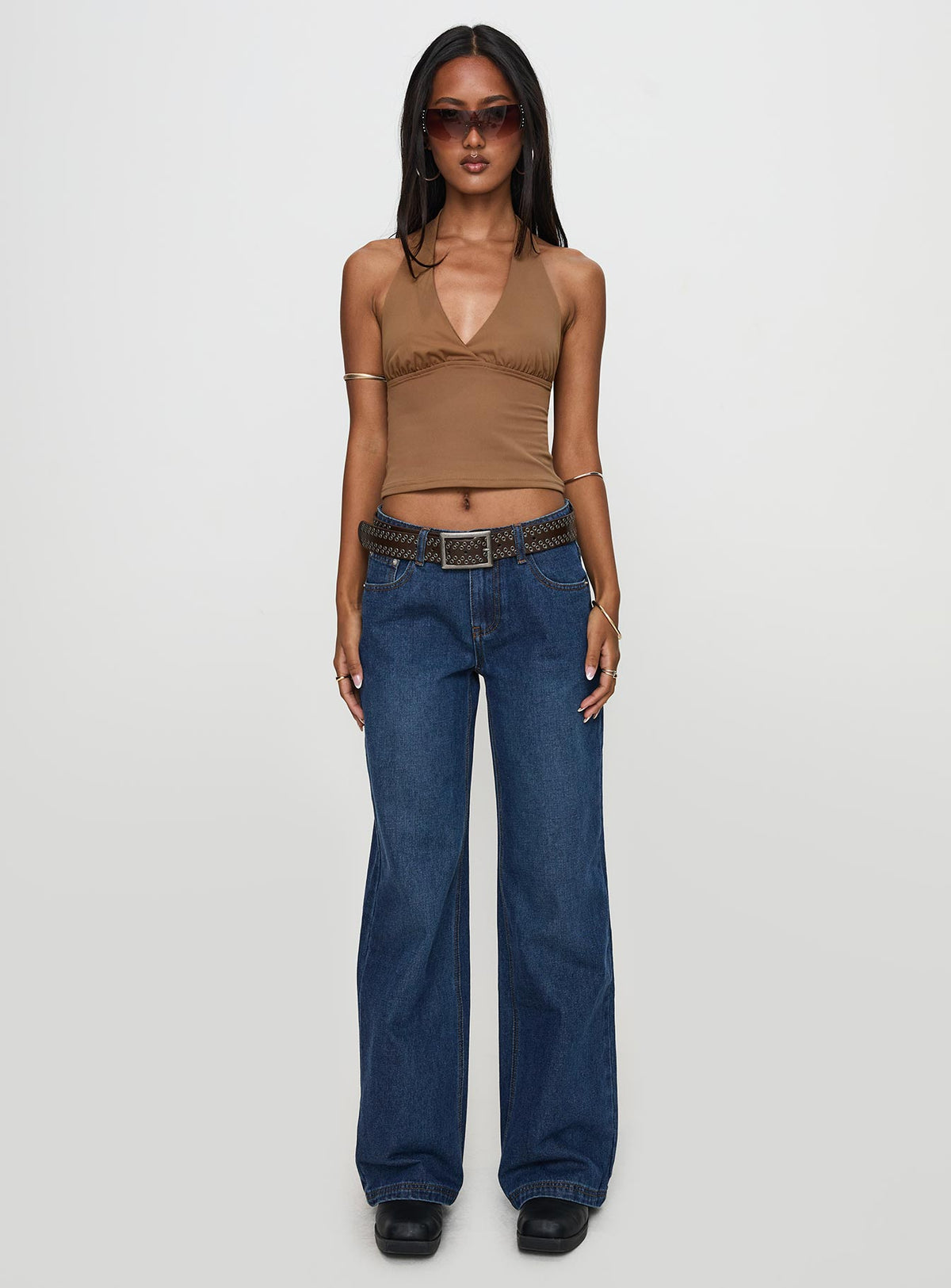 front view of model wearing Princess Polly Everlong Mid Rise Wide Leg Jeans Dark Blue Wash Mid Rise Jeans Jeans 