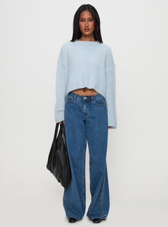 back view of model wearing Princess Polly Elinda Knit Sweater Blue Cropped Jumpers Jumpers 