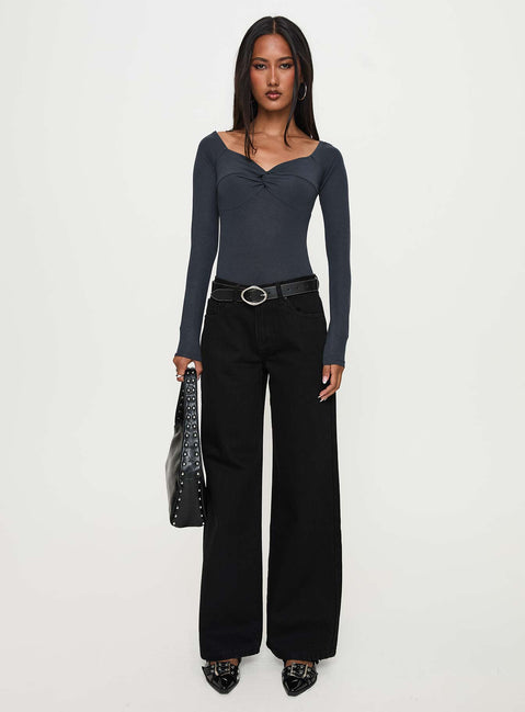 front view of model wearing Princess Polly Colemane Mid Rise Wide Leg Jeans Black High Rise Jeans Jeans 