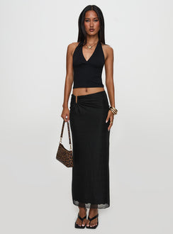   side view of model wearing Princess Polly Satine Maxi Skirt Black Maxi Skirts Skirts 