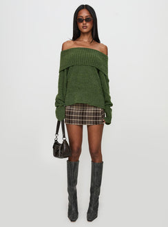 front view of model wearing Princess Polly Parkley Boucle Off The Shoulder Sweater Olive Longline Jumpers Jumpers 