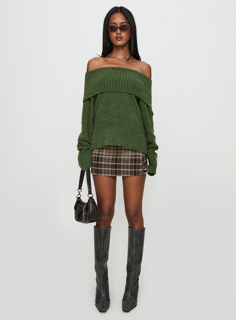 front view of model wearing Princess Polly Parkley Boucle Off The Shoulder Sweater Olive Longline Jumpers Jumpers 