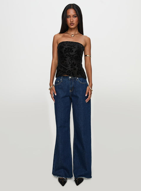 side view of model wearing Princess Polly Attlee Strapless Top Black Floral Sleeveless straight 