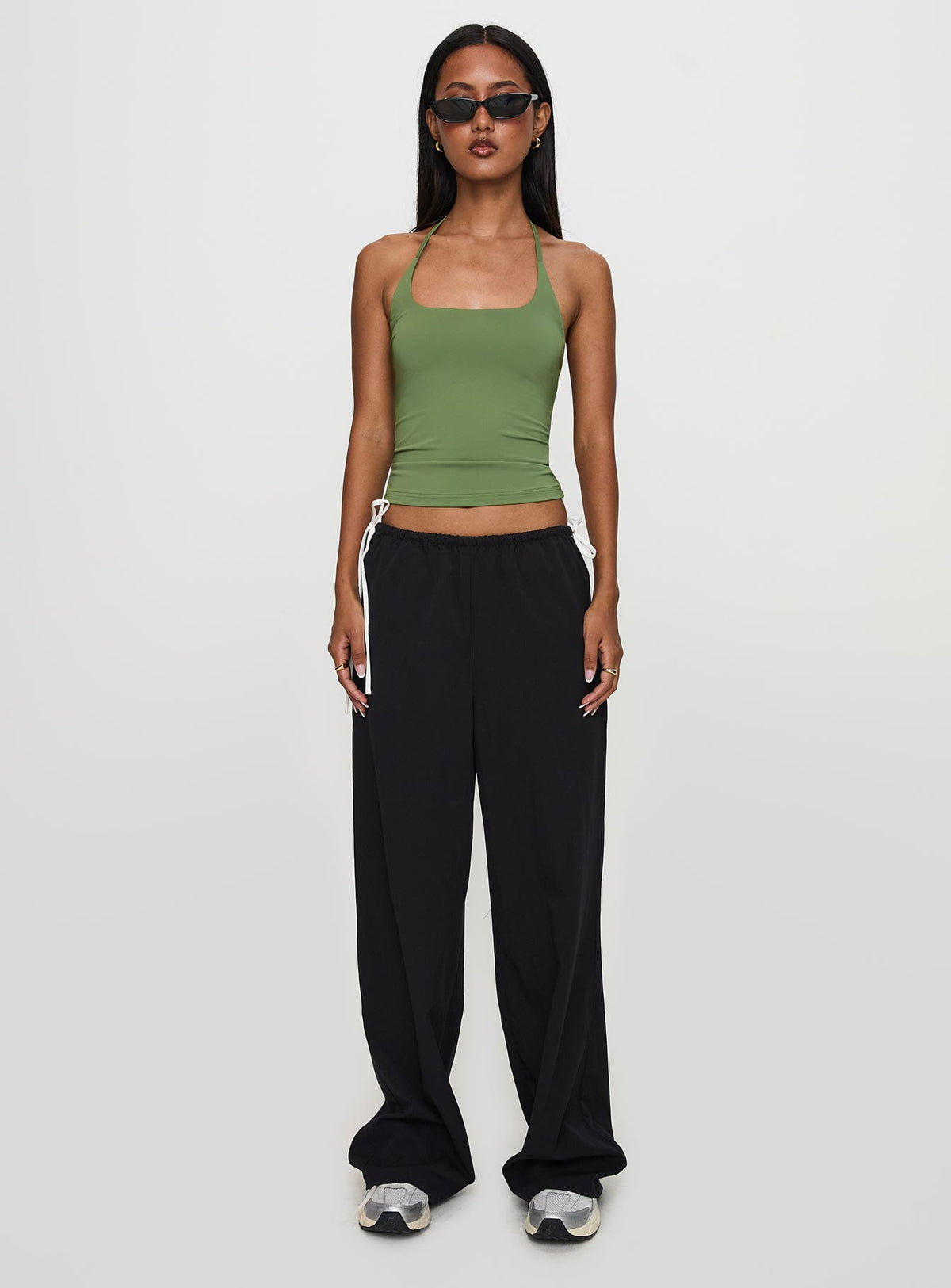 front view of model wearing Princess Polly Sweet As Sugar Bow Pants Black / White Pants 