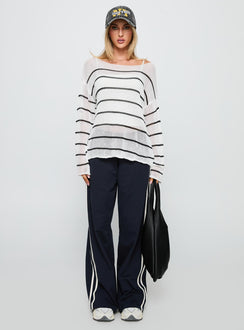 front view of model wearing Princess Polly Alperton Knit Sweater Cream Stripe Longline Jumpers Jumpers 