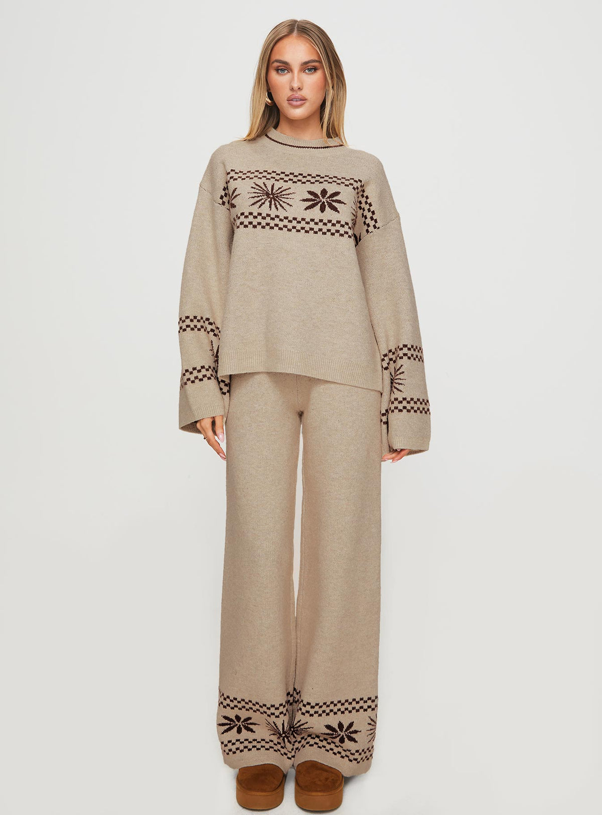 front view of model wearing Princess Polly Anok Star Pants Brown / Cream High Waisted Pants 