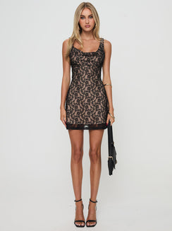 front view of model wearing Princess Polly Romani Mini Dress Black Cowl Neck 