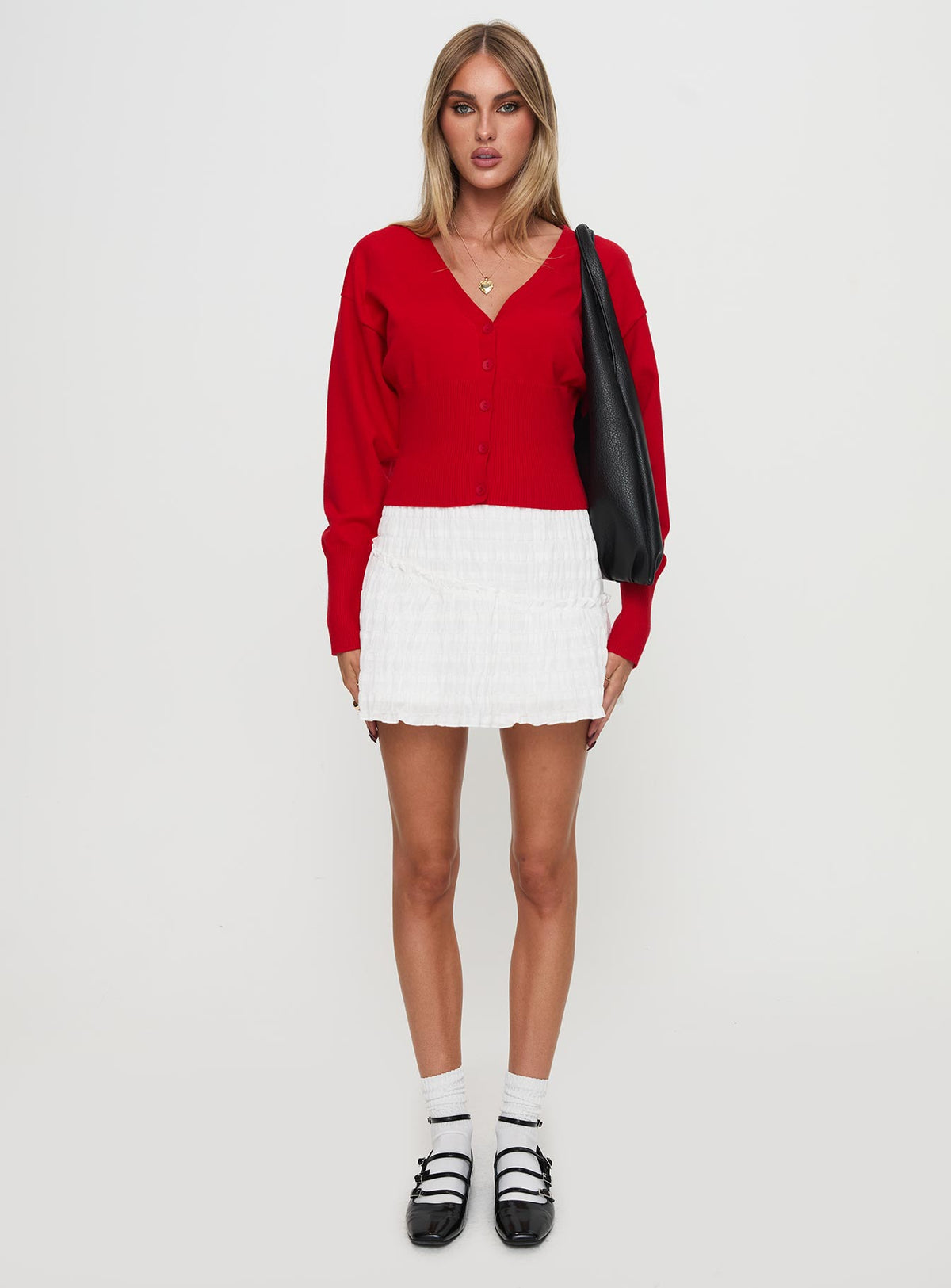 back view of model wearing Princess Polly Wistfully Knit Cardigan Red Jumpers 