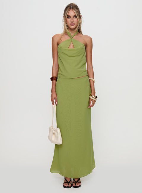 back view of model wearing Princess Polly Eleganza Maxi Skirt Green Maxi 