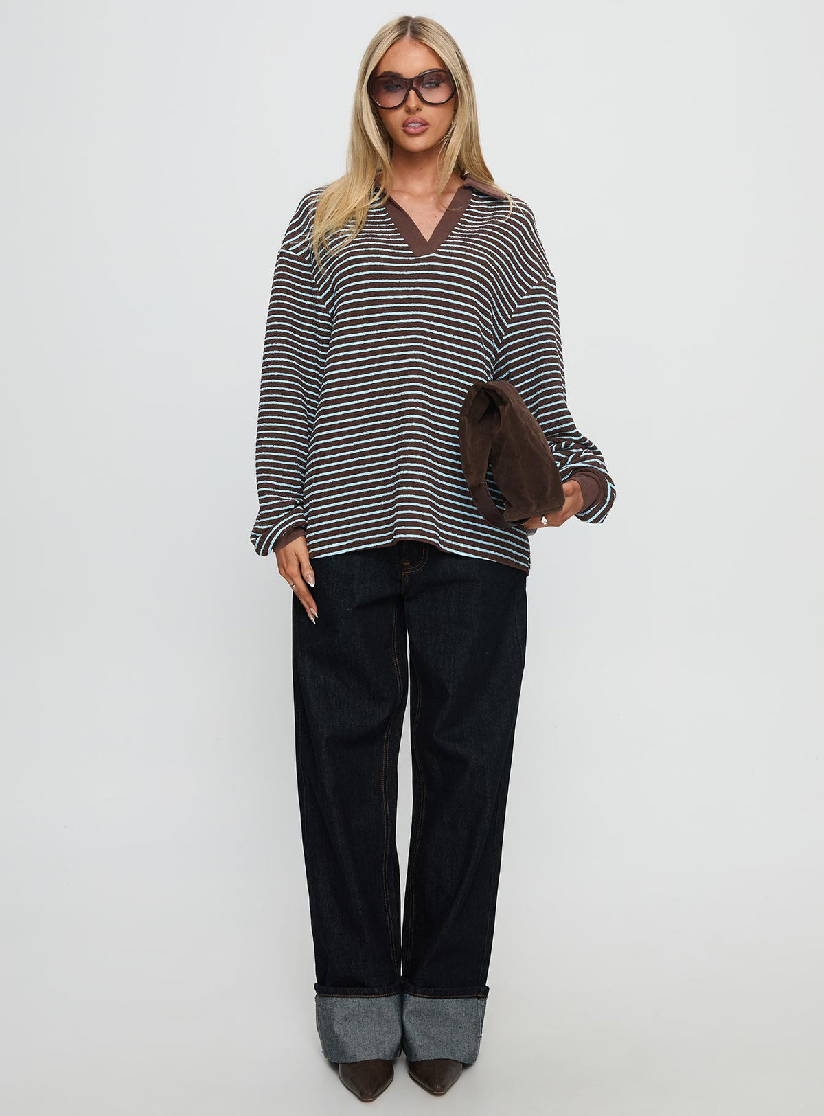 front view of model wearing Princess Polly Rigbys Collared Jumper Brown / Blue Stripe Longline Jumpers Jumpers 