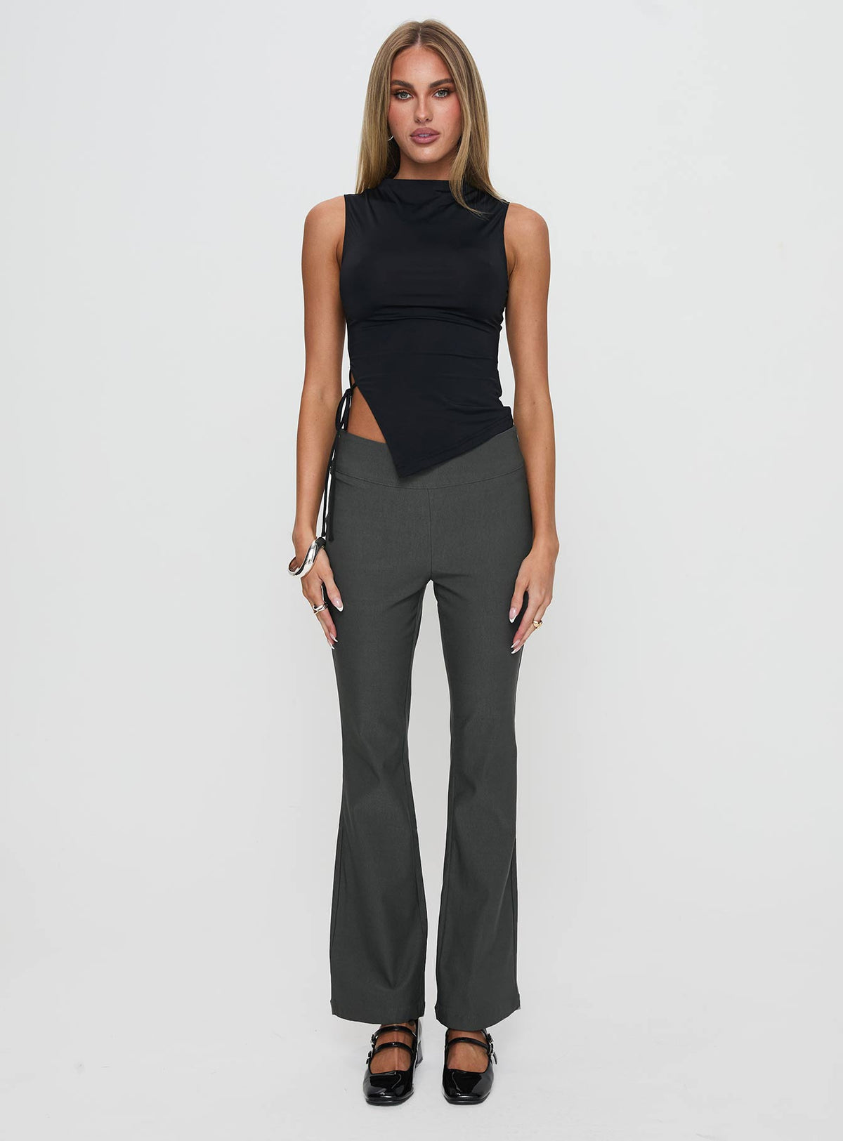 side view of model wearing Princess Polly Everyday Flared Pants Slate Grey High Rise Pants Pants 