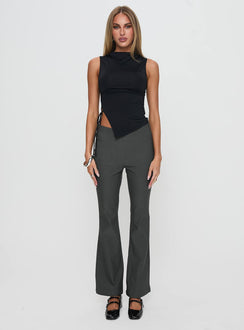 side view of model wearing Princess Polly Everyday Flared Pants Slate Grey High Rise Pants Pants 