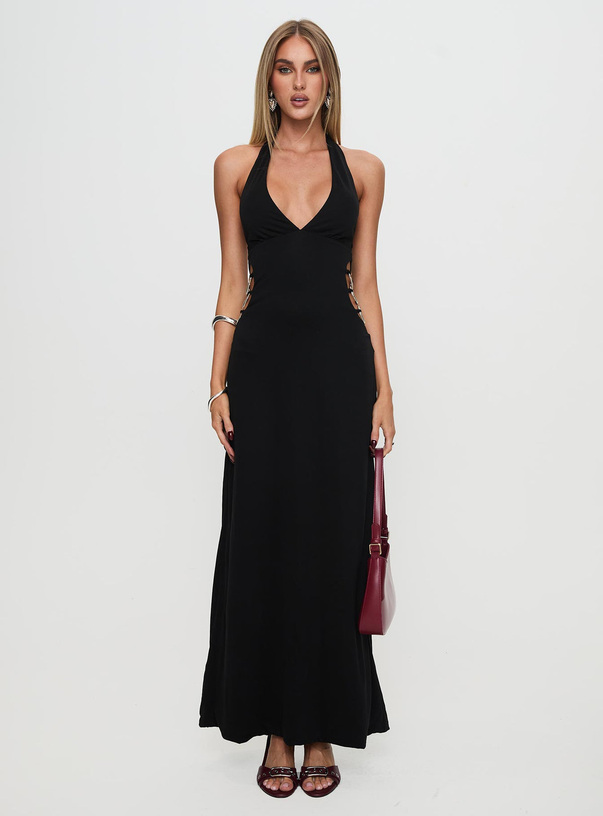 front view of model wearing Princess Polly Make A Fortune Hardware Halter Maxi Dress Black Plunger 