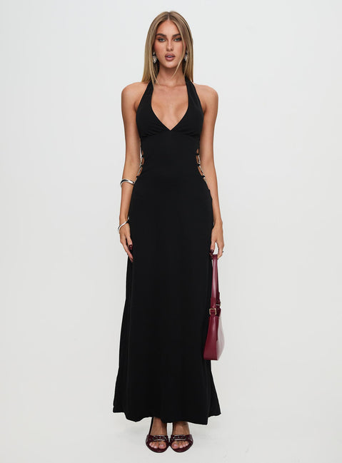 front view of model wearing Princess Polly Make A Fortune Hardware Halter Maxi Dress Black Plunger 