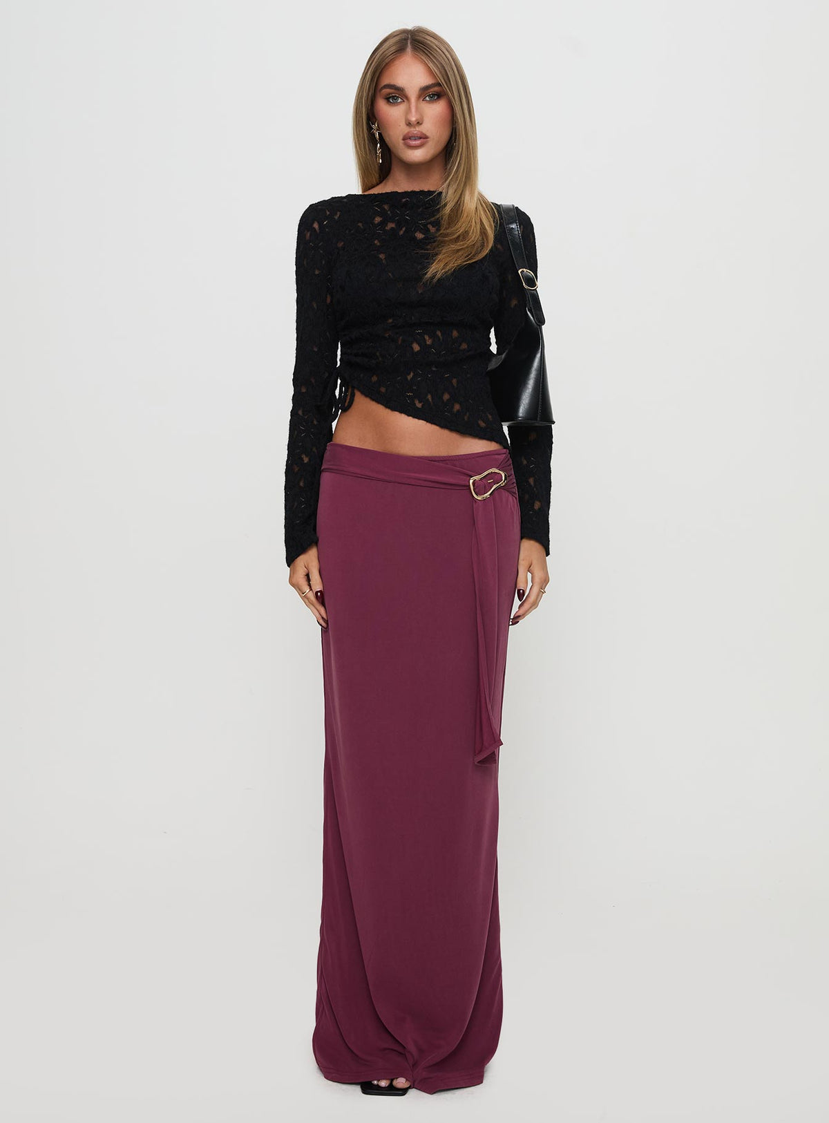 back view of model wearing Princess Polly Sensua Long Sleeve Top Black Full Sleeves High Neck 