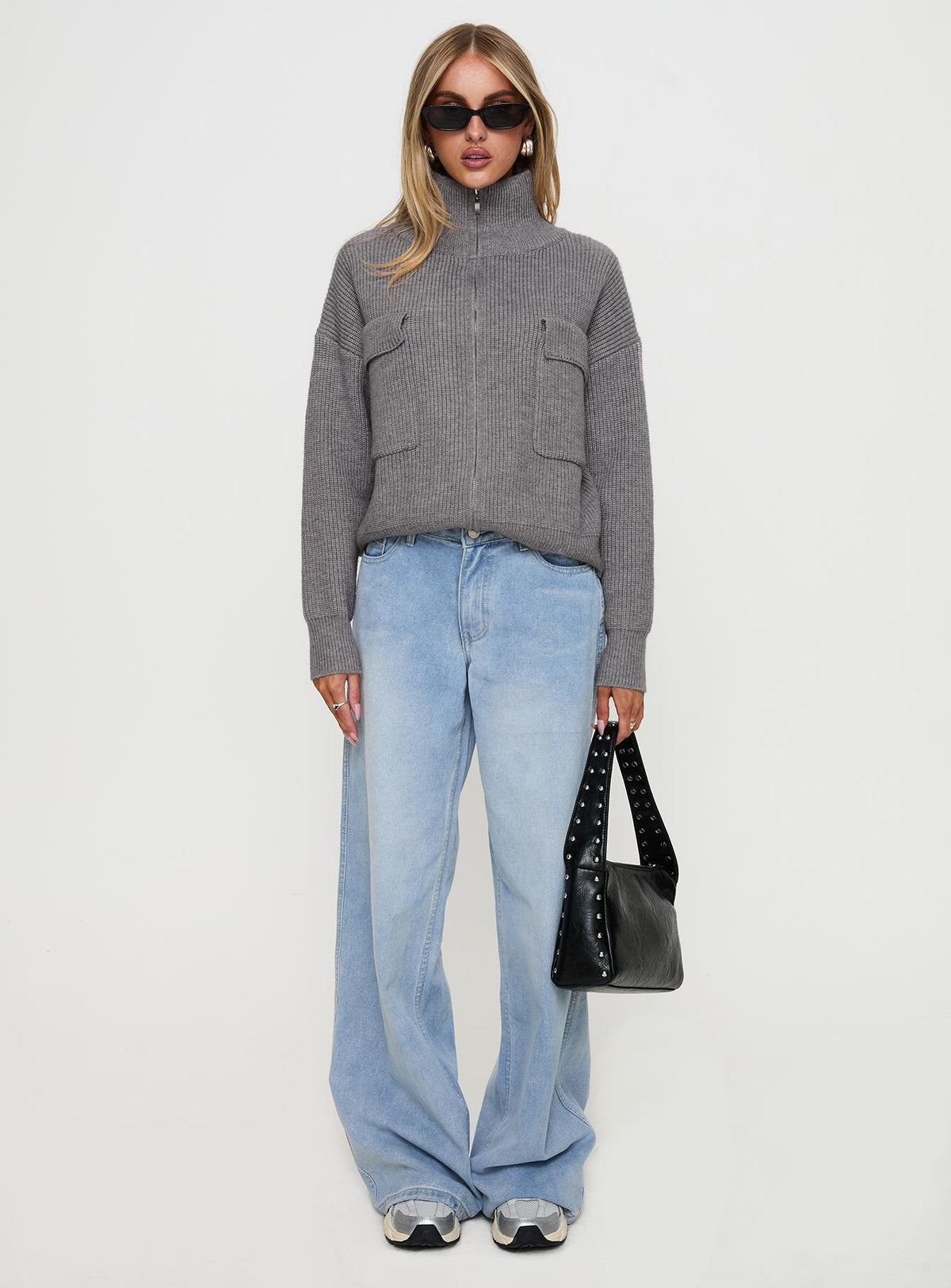 back view of model wearing Princess Polly Too Busy Zip Up Sweater Grey Cropped Jumpers Jumpers 