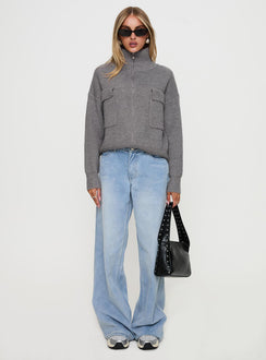 back view of model wearing Princess Polly Too Busy Zip Up Sweater Grey Cropped Jumpers Jumpers 