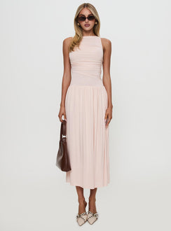 front view of model wearing Princess Polly Reveur Ruched Maxi Dress Pink High Neck 