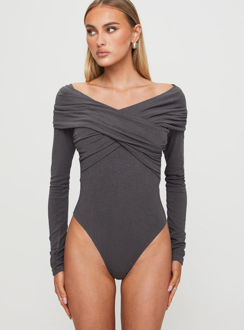 front view of model wearing Princess Polly Sundlow Off Shoulder Bodysuit Slate Long Sleeve Tops Bodysuit 