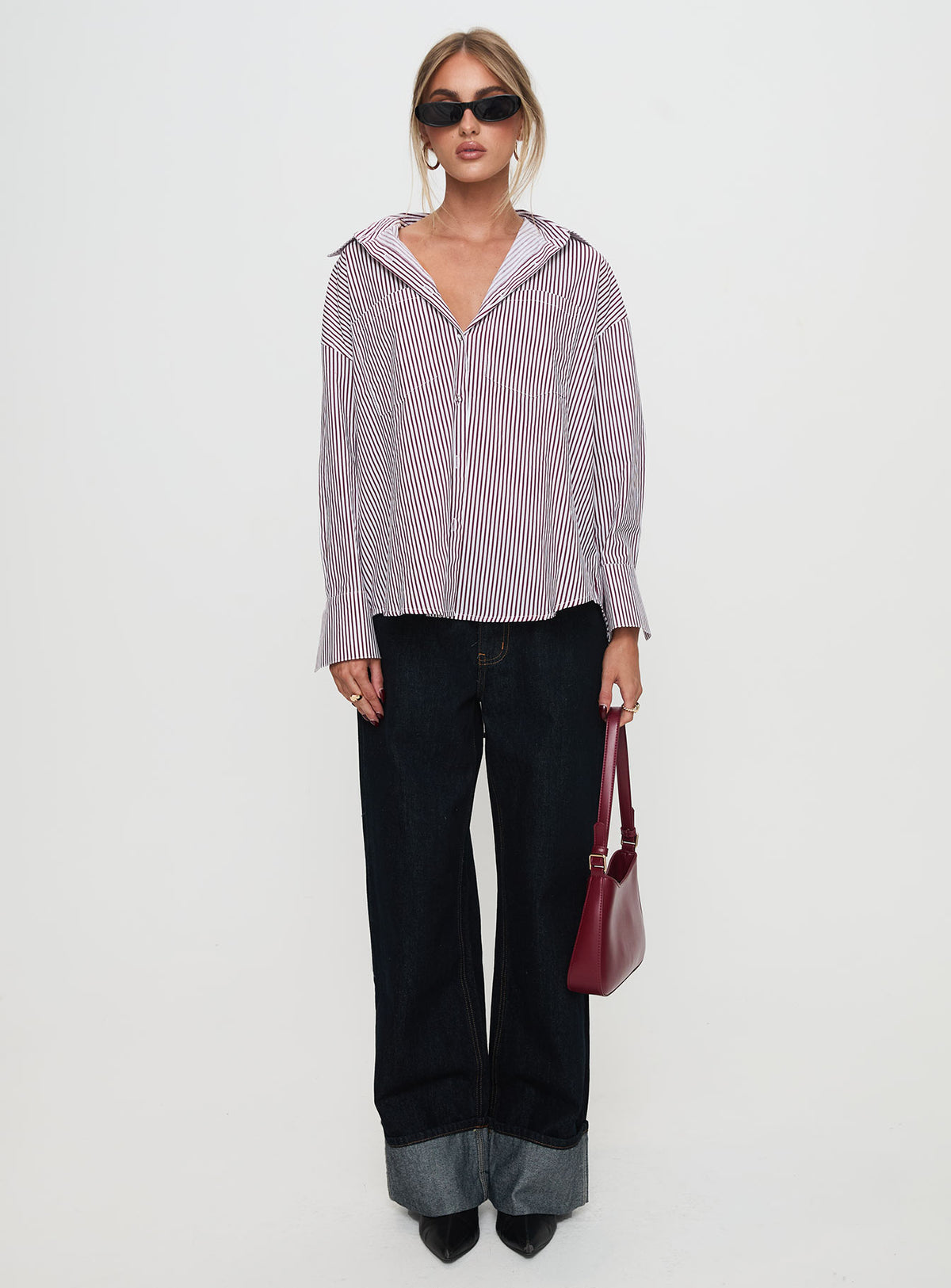 back view of model wearing Princess Polly Takes You Far Shirt Burgundy Stripe Full Sleeves V-Neck 