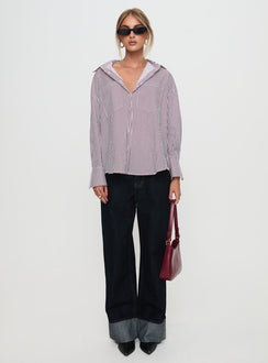 back view of model wearing Princess Polly Takes You Far Shirt Burgundy Stripe Full Sleeves V-Neck 