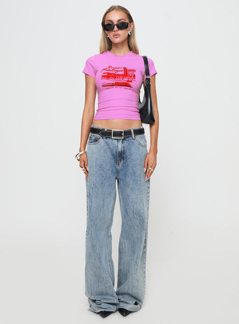 side view of model wearing Princess Polly Palm Canyon Tee Pink Short Sleeves Crew Neck 