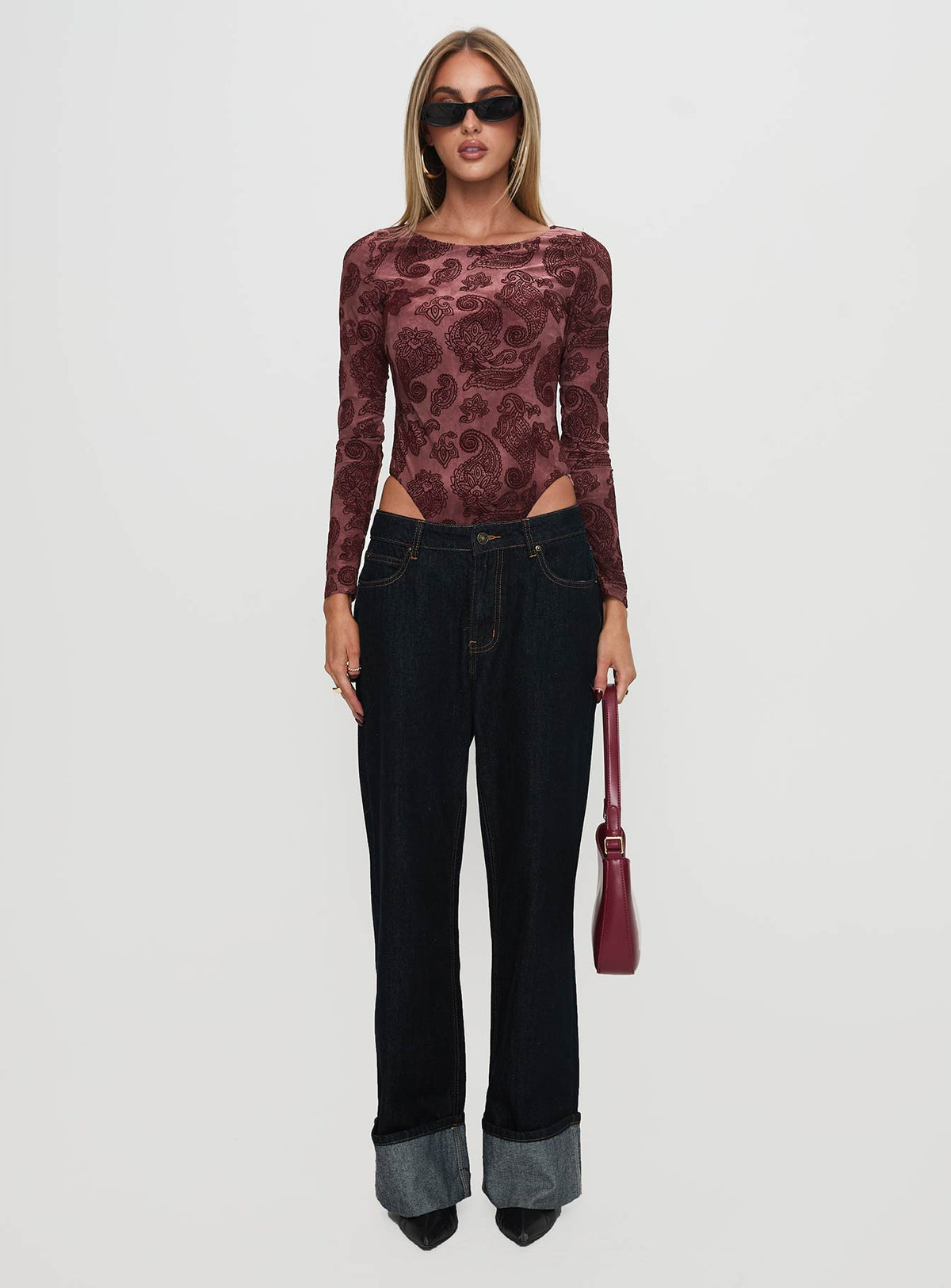front view of model wearing Princess Polly Spruce Bodysuit Red Paisley Long Sleeve Tops Bodysuit 