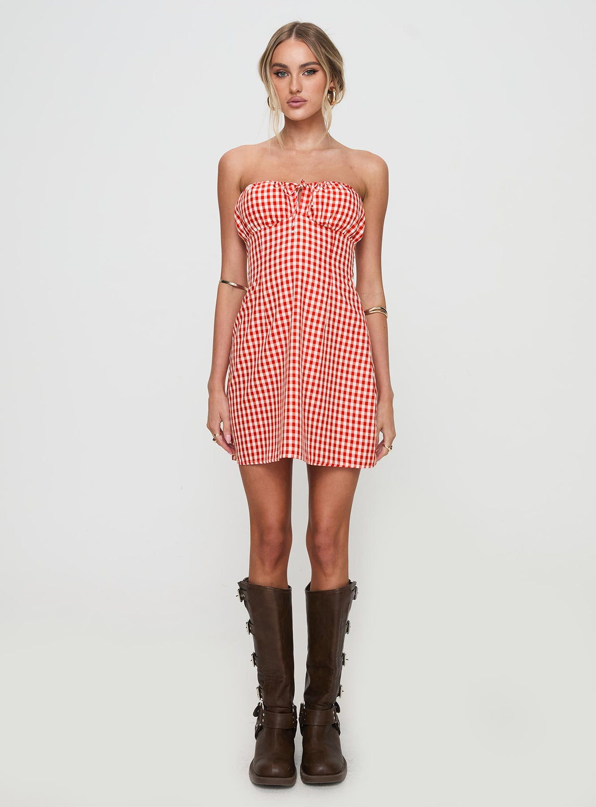 front view of model wearing Princess Polly Double Date Mini Dress Red Gingham Straight Neck 