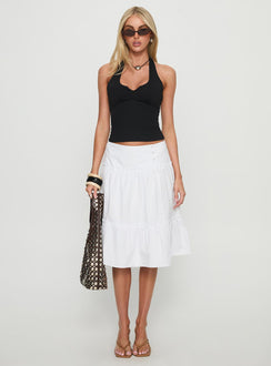 Showcasing the Cascades Low Rise Midi Skirt White womens-skirts in midi length front view of model wearing