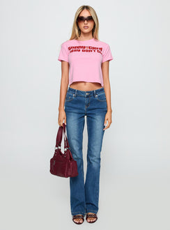 side view of model wearing Princess Polly Sonny And Cher Vintage Graphic Top Pink Short Sleeves Crew Neck 