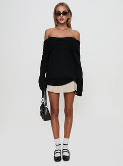 front view of model wearing Princess Polly Snowie Off Shoulder Knit Sweater Black Longline Jumpers Jumpers 