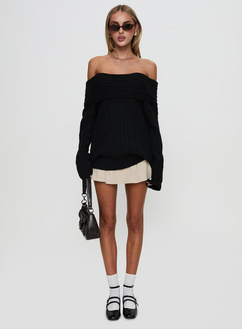 front view of model wearing Princess Polly Snowie Off Shoulder Knit Sweater Black Longline Jumpers Jumpers 