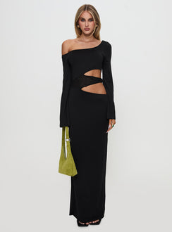 side view of model wearing Princess Polly Kazimier Long Sleeve Maxi Dress Black Asymmetric Neckline 