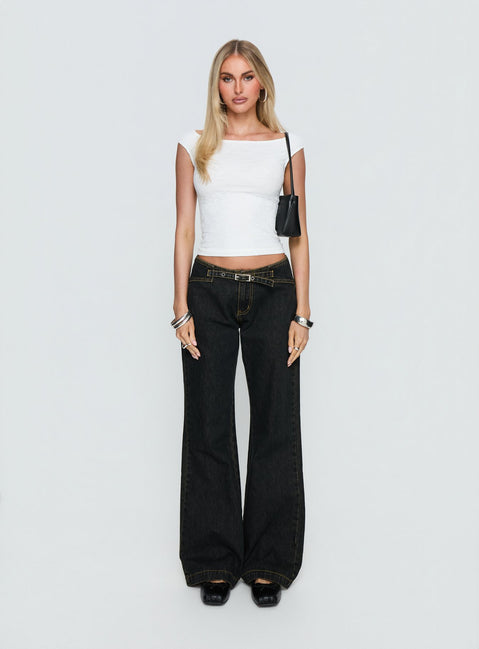 front view of model wearing Princess Polly Slow Ride Mid Rise Bootleg Belted Jeans Grunge Wash Mid Rise Jeans Jeans 