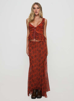 back view of model wearing Princess Polly Nikolise Maxi Skirt Red Maxi Skirts Skirts 